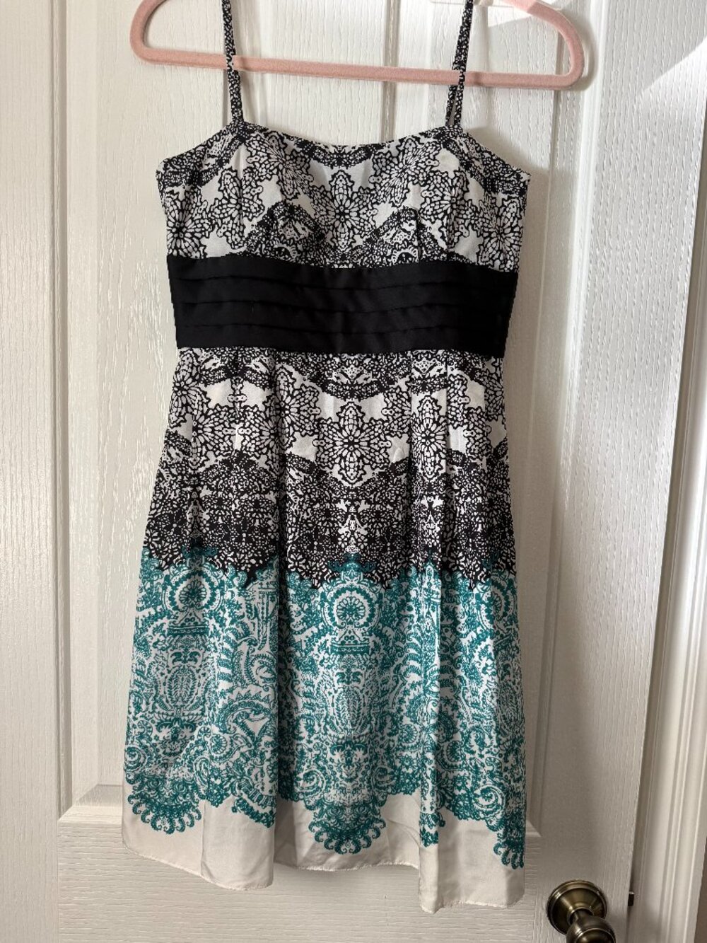 Max & Cleo Silk Mini Dress, Black, White & Teal, Spaghetti Straps , Size 6